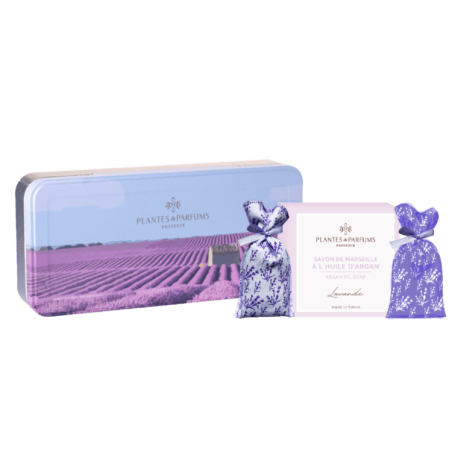 Scatola rettangolare in metallo 1 sapone + 2 bustine di fiori di lavanda