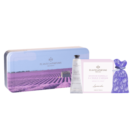 Metal Rectangle Box 1 square soap + 1 lavender sachet + 1 lavender hand cream - 30ml