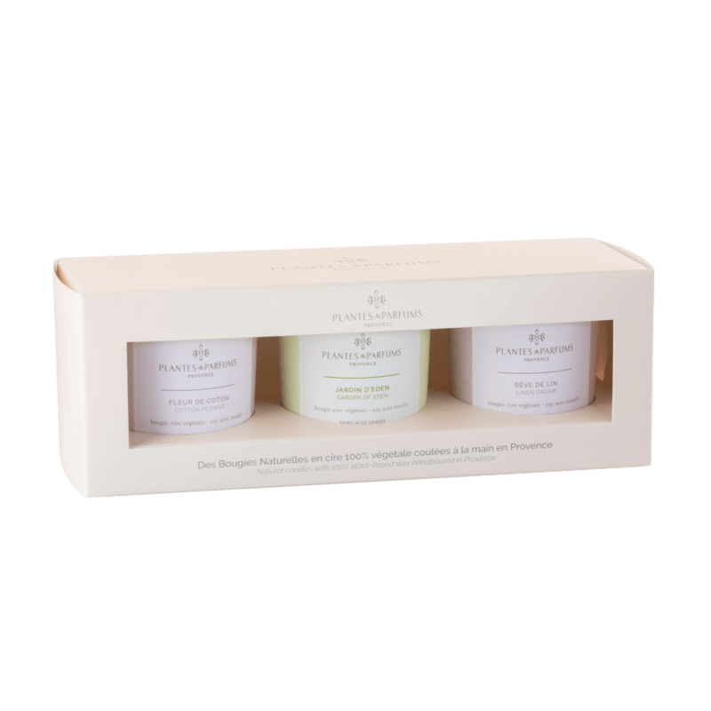 Coffret douceur 3 bougies : Fleur de coton, Jardin d'Eden, Rêve de lin