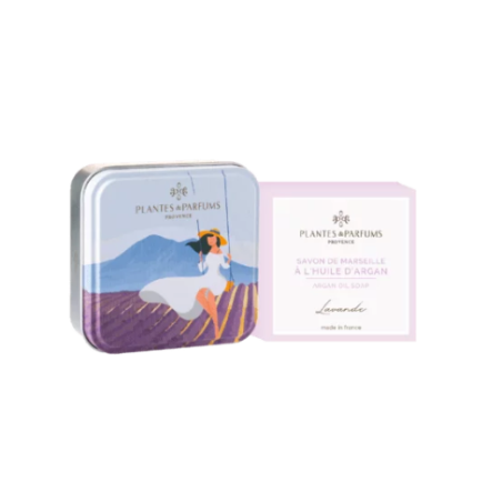  Boîte carrée en métal motif balançoire en Provence avec savon Lavande - 100g