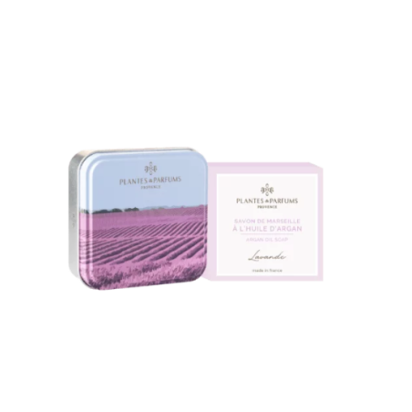  Boîte carrée en métal motif champs de Lavande avec savon Lavande - 100g