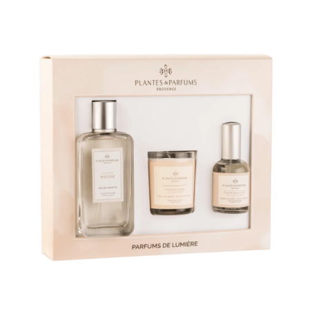 Cotton powder set: cotton powder eau de toilette, candle and pillow mist