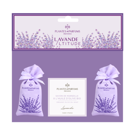 Set of 2 satin bags filled with lavender flowers + 1 lavender soap